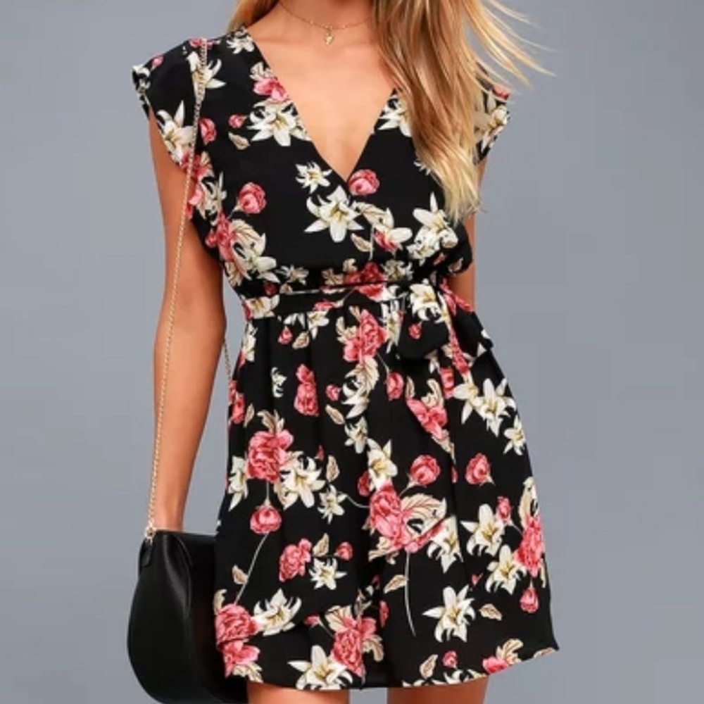 NWT Black floral wrap mini dress